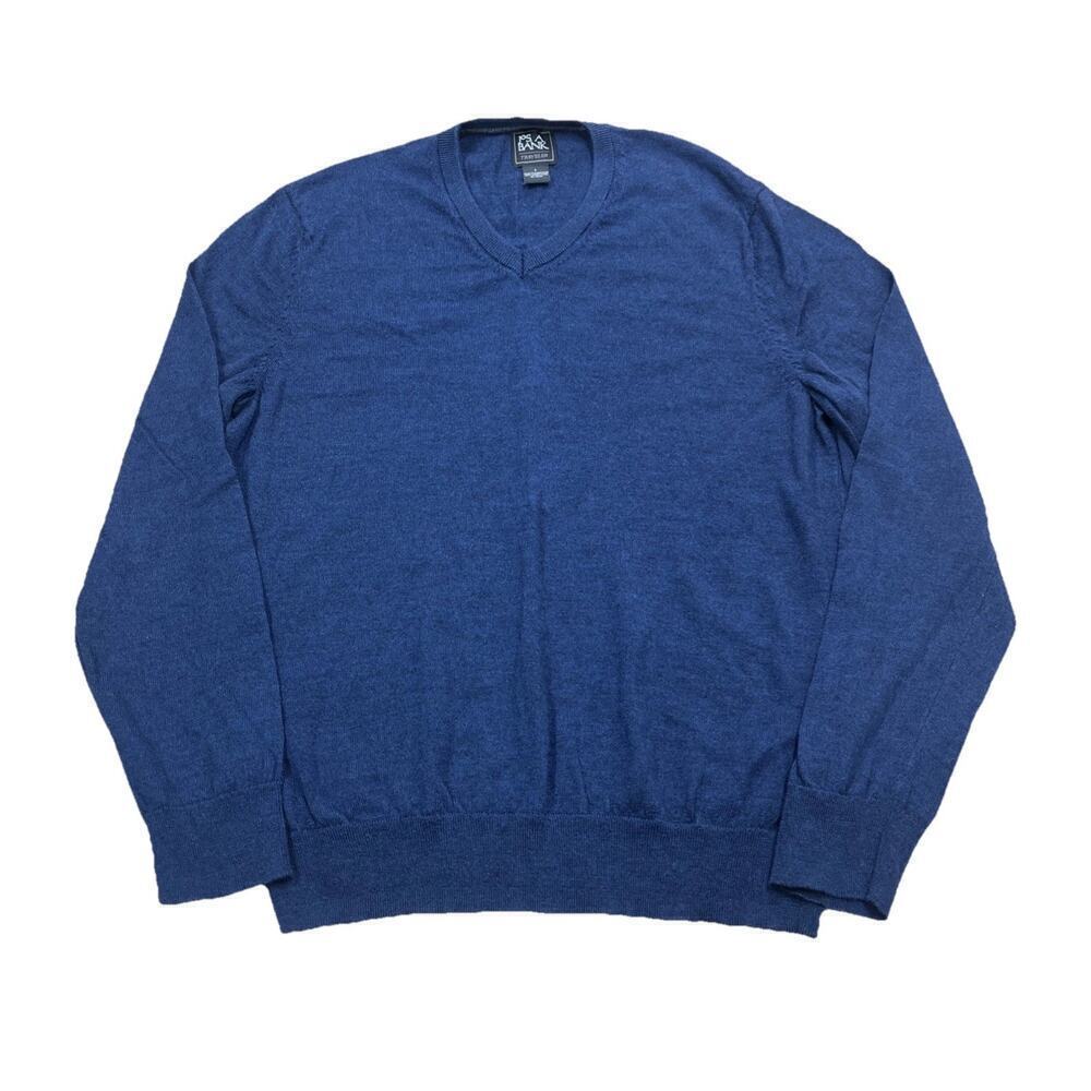 Jos A Bank V-Neck Sweater Large Navy 100% Merino Wool Tailored Fit